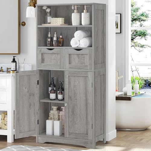 Iwell Storage Cabinet with 2 Drawers & Adjustable Shelf, Tall Bathroom Cabinet with Doors, Cupboard, Kitchen Cabinets for Living Room, Dining Room, Entryway, Grey - color: Grey, 2 Drawers