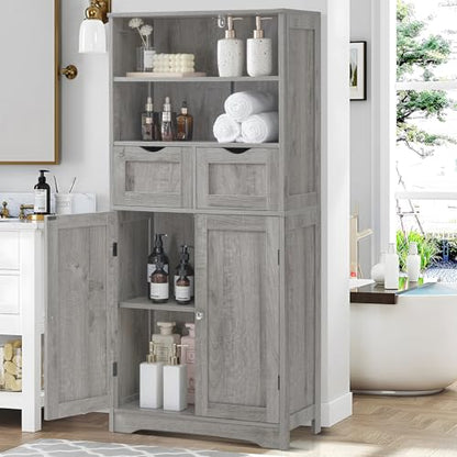Iwell Storage Cabinet with 2 Drawers & Adjustable Shelf, Tall Bathroom Cabinet with Doors, Cupboard, Kitchen Cabinets for Living Room, Dining Room, Entryway, Grey - color: Grey, 2 Drawers