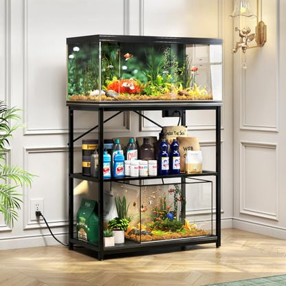 TC-HOMENY Fish Tank Stand 10,20,29,37 Gallon, 1000LB Capacity Aquarium Stand with Built-in Outlet, 31"L x 16"W Metal Reptile Tank Stand, Double Storage Design Adjustable Shelves, Black (Tank not Included)