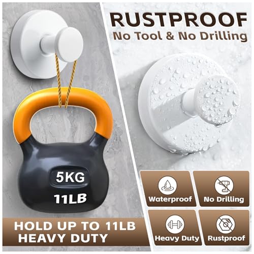 Suction Cup Hooks for Shower,Stainless Steel Towel Hooks No Drill | Vacuum-Lock Mount, Removable and Reusable for Glass, Tile, Metal and Smooth Non-Porous Surfaces(2 Pack, White) - color: White