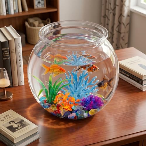 1 Gallon Clear Plastic Fish Bowl Kit with Coral, Artificial Plants & Stones | for Betta Fish, for Desk Decor, Vases and Party Displays