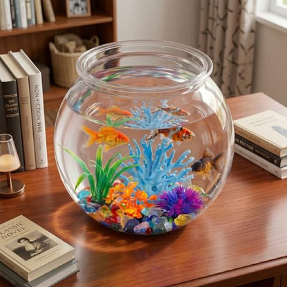 1 Gallon Clear Plastic Fish Bowl Kit with Coral, Artificial Plants & Stones | for Betta Fish, for Desk Decor, Vases and Party Displays