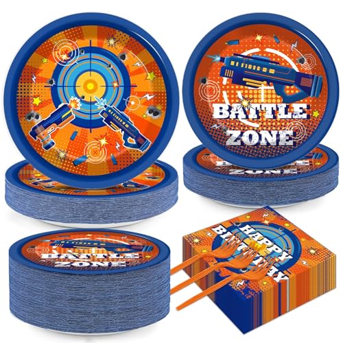 Qyeahkj 200 Pcs Dart War Birthday Party Supplies Gun Game Theme Party Tableware Set Paper Plates and Napkins Dart Battle Gunfight Game Party Decorations Gun Happy Party Favors for Boys Serves 50 - style: Dart War