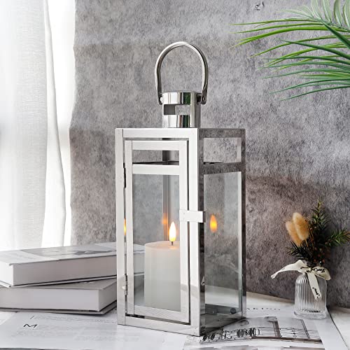 TRIROCKS Stainless Steel Decorative Lantern 12'' High Metal Hanging Lantern with Tempered Glass Perfect for Home Decor Living Room Parties Events Tabletop Indoors Outdoors (Silver) - color: Silver