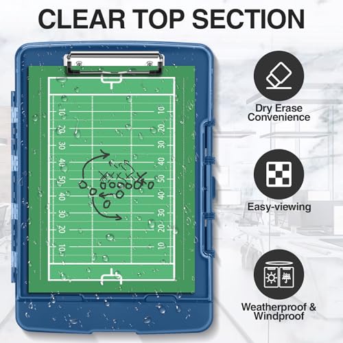 Sooez Original Clipboard with 2 Storage & Pen Holder, Heavy Duty Clip Boards 8.5x11 with Dual Storage, Clearview Dry Erase Coach Clipboard with Real Hinge, High Capacity, School & Office Supplies - color: Dark Blue