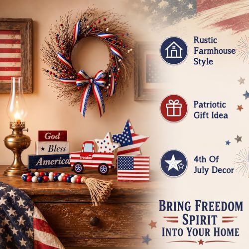 Yousoontic 7 Pcs 4th of July Tiered Tray Decor Set, Patriotic Wooden Table Decorations with Bead Garland, Rustic Farmhouse USA Independence Day Decor for Kitchen, Tabletop, Mantel - style: 4th of July