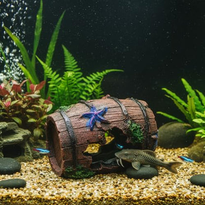 Resin Fish Tank Decor Cave Hideout 10cm Simulated Barrel Aquarium Ornament for Small Fish Freshwater and Saltwater