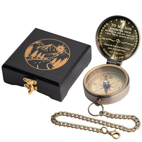 God's Guide & Blessing Compass, Trust in The Lord Compass, Wood Box Greeting, Inspirational Gift Men, Christian Boys Baptism Gifts, Graduation Day with Wooden Box - color: 6.Bronze To My Son Gift love Wooden Box