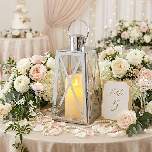 TRIROCKS Stainless Steel Decorative Lantern 12'' H Metal Candle Holder Hanging Candle Lantern with Tempered Glass for Christmas Home Decor Living Room Parties Events Indoor Outdoor(Silver Trapezoid) - color: Silver