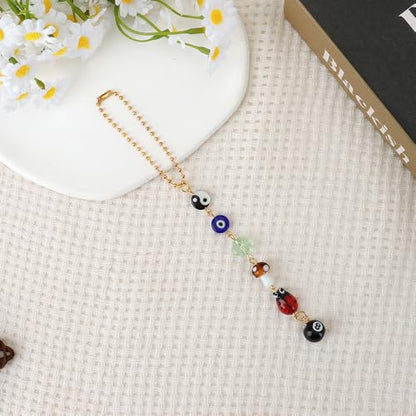 Evil Eye Car Hanging Ornament, Car Mirror Hanging Accessories Good Lucky Days Charm Decor with Four-Leaf Clover Ladybug 8 Ball Mushroom Yin Yang Symbo and Boho Car Accessories for Keychain Cellphone