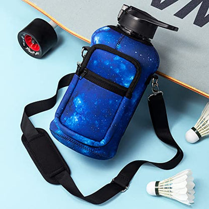 Fimibuke Half Gallon Water Bottle with Sleeve 64 OZ Water Bottle with Handle & Straw Leakproof Motivational Sports Gym Water Bottle with Time Marker BPA Free Water Jug with Reusable Neoprene Holder - color: C9.Galaxy