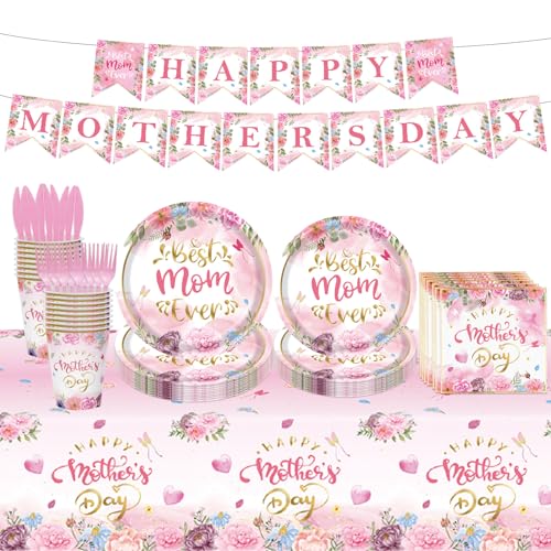 98PCS Happy Mother's Day Party Supplies Mothers Day Tableware Set Best Mom Ever Paper Plates Napkins Forks Knives Tablecloth Banner Mothers Day Party Decorations Disposable Dinnerware for 16 Guests - style: Happy Mother's Day