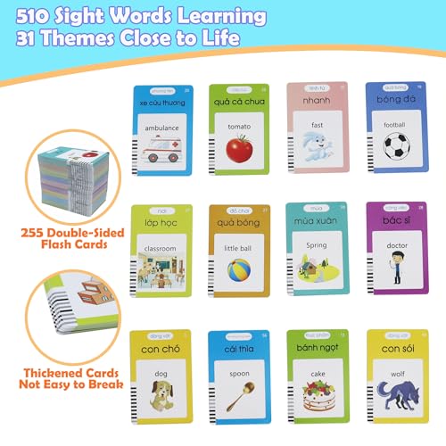 MAYAPHILOS 510 Sight Words Vietnamese and English Talking Flash Cards, Vietnamese Early Education Card, Learn Vietnamese for Kids, Vietnamese Learning Cards for Toddlers Birthday Gifts - size: 510 Words Vietnamese and English