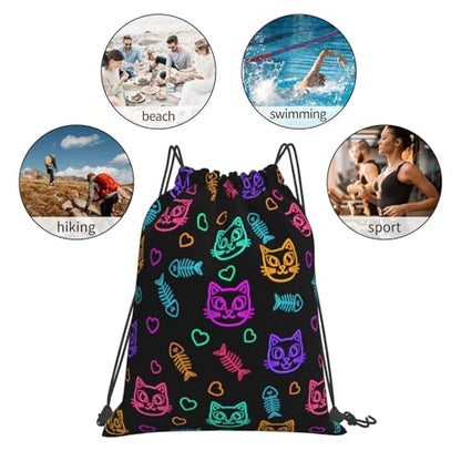 Lightweight Waterproof Drawstring Bag Goth Cute Cat And Fish, Breathable String Backpack for Yoga and Training - color: Pattern (359)