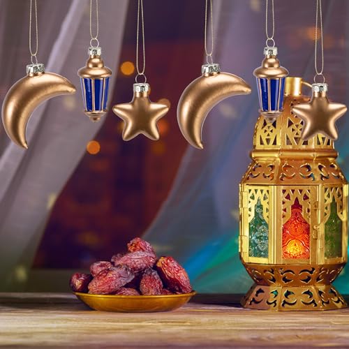 Watayo 6 Pcs Glass Eid Mubarak Lanterns Moon Star Ornaments, Hanging Ramadan Tree Ornaments, Islam Ramadan Kareem Moon Star Lantern Pendant Decorations for Islamic Muslim Festival Party Home Decor