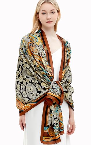 Women Silk Scarves Long Satin Lightweight Outdoor Shawl Wraps Printed Head Scarf 70''X35'' - color: 103-black/Orange