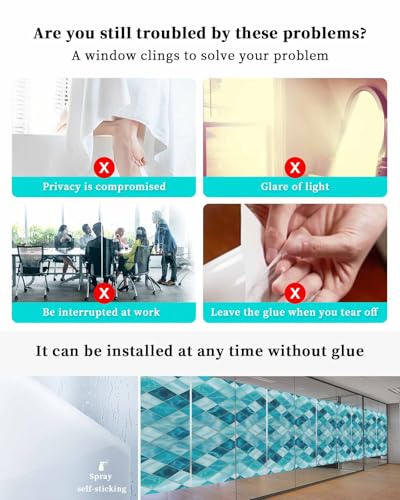 Window Privacy Film Teal Blue Diamond Window Clings for Glass Windows Modern Geometric Lines Windows Film Static Cling Frosted Windows Sticker Covering for Bathroom Living Room Office 23.6"x59" - size: 23.6"x59"