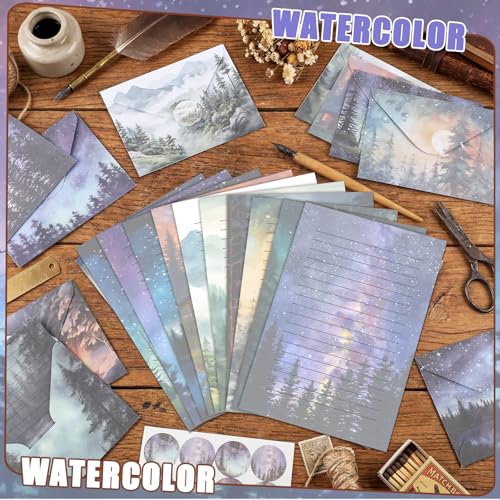 TaoBary 160 Pcs Stationery Paper Set 50 Double Sided Stationery Paper with 50 Matching Envelope and 60 Round Dot Sticker, 10 Design (Whimsical Watercolor Illustration Starry Night Sky,8.25 x 5.5 Inch) - size: 8.25 x 5.5 Inch, style: Whimsical Watercolor I