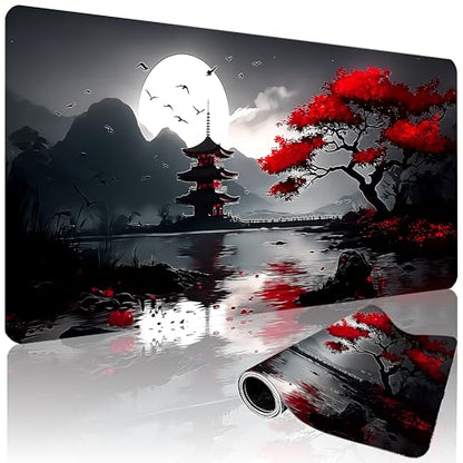 XXL Gaming Mouse Pad 35.4x15.7 Inch, Large Extended Desk Mat | Oriental Landscape Moon Design, Non-Slip Rubber Base, Water-Resistant Surface and Stitched Edges for Gaming, Office & Home - color: Oriental Landscape Moon