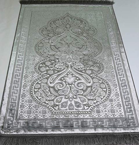 Modefa Luxury Velvet Prayer Rug with Prayer Beads | Soft Elegant Muslim Turkish Janamaz Sajada Carpet for Men and Women | Plain Solid Prayer Mat Ramadan Eid Gift - Paisley (Silver Grey) - color: Silver Grey