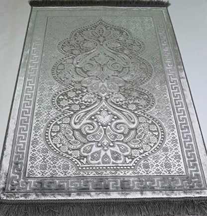 Modefa Luxury Velvet Prayer Rug with Prayer Beads | Soft Elegant Muslim Turkish Janamaz Sajada Carpet for Men and Women | Plain Solid Prayer Mat Ramadan Eid Gift - Paisley (Silver Grey) - color: Silver Grey