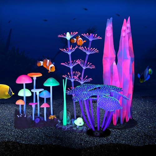 Glowing Fish Tank Decoration Aquarium Plants Accessories Kit #3 | Glowing Effect Fish Tack Decoration Accessories Including Coral Reef Kelp Strip Coral Mushroom Plant Aquarium Decor Kit - style: Silicone Coral+Kelp+strip Coral+mushroom