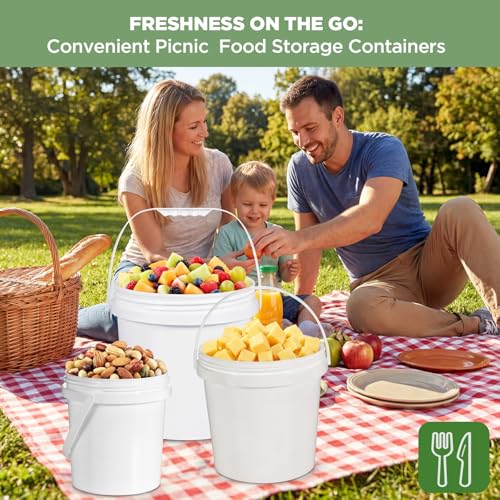 4 Pack 1.3 Gallon White Plastic Storage Buckets with Screw Lids, Food Grade Container with Measurement Markings, Reusable Small Container - color: White, size: 4pack 1.3 Gal