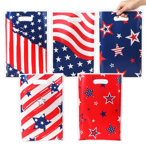 4th of July Treat Bags, 50PCS 4th of July Gift Bags with Handles, Plastic Red White and Blue Patriotic Star Cookie Goodie Candy Party Favor Bag for Independence Day Party Decoration Supplies, 6.7"x10" - color: 4th of July, size: 1 Count (Pack of 50)