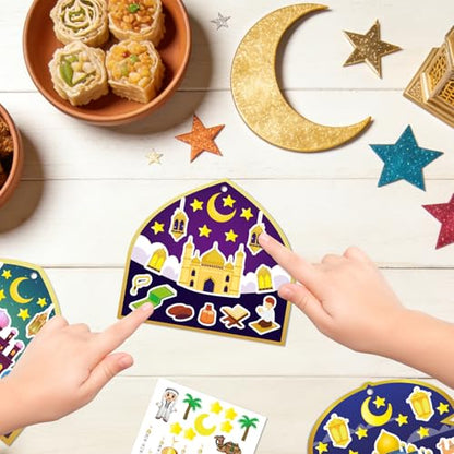 Eid Stickers Kit, 36 Pcs Eid al-Fitr Craft Supplies Set with 12 Stickers, 12 Cards & 12 Ribbons for Ramadan Greeting Cards, Gift Decorating