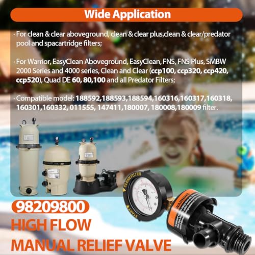 98209800 High Flow Manual Relief Valve/Air Relief Manual Valve Assembly with Pressure Gauge, Replacement for Pool and Spa Filter (2 PACK-98209800) - style: 2 PACK-98209800
