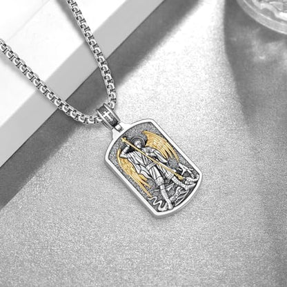 Western Catus/Knights Templar/St Michael/Santa Muerte/Praying Hand/Spartan/Virgin Mary/Tetragrammaton/Wrestlers/Allah Necklace Sterling Silver Dog Tag Necklace Christian Jewelry Gifts for Men - style: St Michael