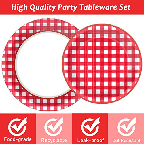 Tevxj 96 PCS Picnic Party Plates Red and White Gingham Checkered Plaid Party Tableware Barbecue Disposable Paper Plates Napkins Forks Birthday Party Decorations Supplies Favors for 24 Guests - style: Red and White Checkered