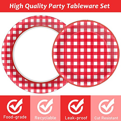 Tevxj 96 PCS Picnic Party Plates Red and White Gingham Checkered Plaid Party Tableware Barbecue Disposable Paper Plates Napkins Forks Birthday Party Decorations Supplies Favors for 24 Guests - style: Red and White Checkered