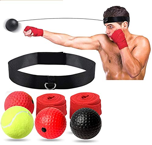 Boxing Reflex Ball Headband Punch Ball | 4 Difficulty Level Speed React Ball, Adjustable Headband and Hand Wraps, Perfect for Punching Speed, Accuracy, Focus, Fight Skills and Hand-Eye Coordination