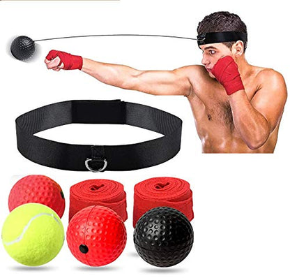Boxing Reflex Ball Headband Punch Ball | 4 Difficulty Level Speed React Ball, Adjustable Headband and Hand Wraps, Perfect for Punching Speed, Accuracy, Focus, Fight Skills and Hand-Eye Coordination