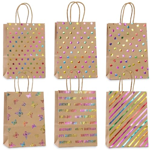 24 Pack Birthday Gift Bags with Gold Foil Accents, 6 Assorted Colorful Designs Party Favor Bags for Kids and Adults, Treat Pouches, Goodie Bags for Birthday Parties, Celebrations - color: Birthday Gilding