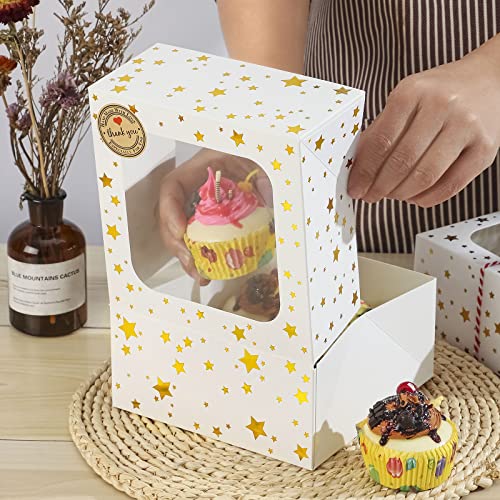 24 Pack 6X6X3 Christmas Cookie Boxes for Gift Giving Gold Foil Star White Bakery Boxes with Window 6 Inch Small Treat Boxes for Mini Cake Pastry Dessert Cupcakes Candy Donut Packaging - color: Gold Star-White