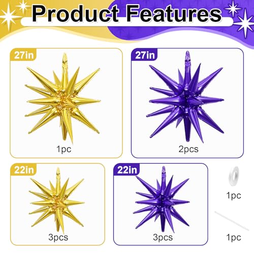 9Pcs Purple and Gold Star Balloons, Large Spike Foil Balloons Party Decor - color: Gold + Dark Purple