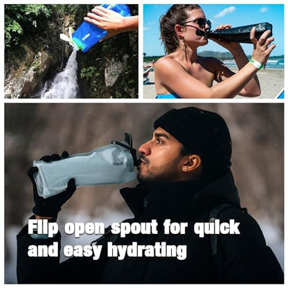 Vapur Collapsible Water Bottle With Carabiner, Compact Bottle Folds Flat For Hydration On The Go, Ideal for Traveling, Hiking or Camping, 16 Ounce, Cyan Blue, Pack of 2