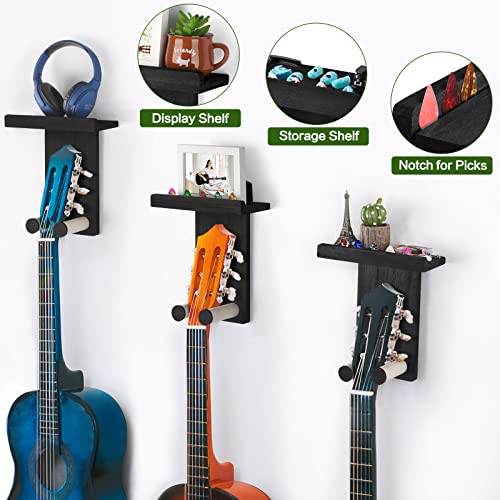 Keebofly Guitar Wall Mount 3-Pack - Rustic Wood Guitar Hanger with Pick Holder for Acoustic, Electric, Bass Guitars & Ukulele (Matte Black, Screw-Mounted) [Patented] - color: 3 Pack_Black