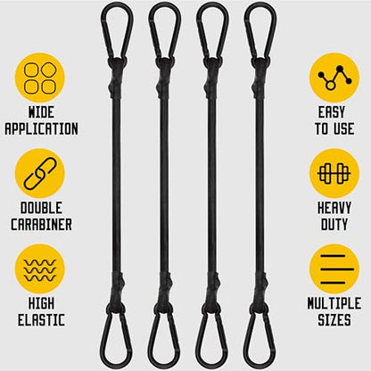 Bungee Cords with Carabiner, 12 Inch Long Heavy Duty Bungee Cords with Carabiner Clip Outdoor, 1/3 Inch Black Extra Strong Elastic Rope with Carabiner Hooks for Camping, Tarps, Bike Rack, Tent, 4 Pack - size: 12"- 4 pcs