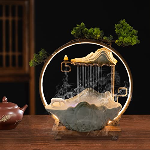 Backflow Incense Holder with Water Fountains and LED Light, Rockery, Horse and Plants Perfect for Relaxing or Home Decor (Horse witn Rockery) - style: Horse with Rockery