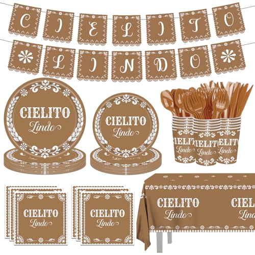 142 pcs Cielito Lindo Baby Shower Tableware, Mexican Theme White Talavera Baby Girl Shower Party Decoration Paper Plates Napkins Forks Serves 20 - size: Mexican - 142pcs