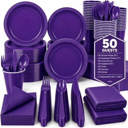 Tinybee 352 Pcs Purple Plastic Plates, Disposable Dinnerware Set for 50 - color: Purple
