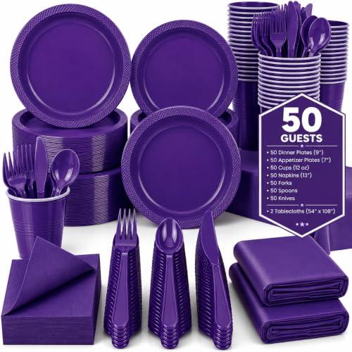 Tinybee 352 Pcs Purple Plastic Plates, Disposable Dinnerware Set for 50 - color: Purple