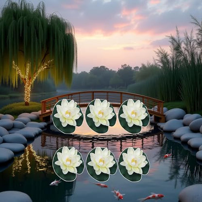 6Pcs White Artificial Floating Foam Lotus Flowers with Water Lily Pad Ornaments, Perfect for Patio Koi Pond Pool Aquarium Home Garden Wedding Party Holiday Decoration Water Gardens and Ponds