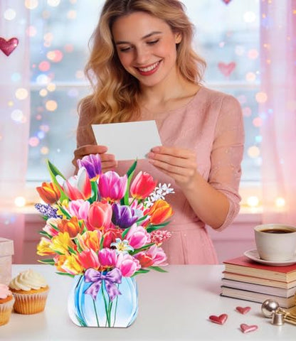 4 Pack 3D Pop Up Flower Bouquet Cards – Rose, Tulip, Lily, Mother’s Day Designs, Colorful Stand-Up Floral Centerpieces for Birthday, Anniversary, Thank You, Get Well, Includes Envelopes & Blank Notes - style: Floral Flour