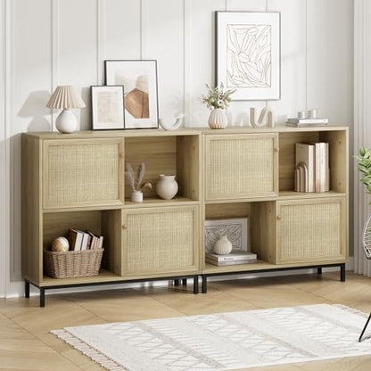 IDEALHOUSE Coffee Bar Cabinet, Rattan Buffet Cabinet with Storage, Wood Sideboard Cabinet with Sliding Door, Accent Cabinet for Kitchen, Dining Room, Living Room, Entryway, Natural Oak - color: Natural Oak…