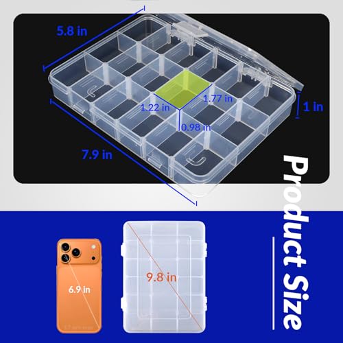 MREEYFILL 6-Pack 18-Grid Clear Plastic Organizer Box 8x6x1 | Small storage case, adjustable dividers for beads, jewelry, mini craft, nail art, fishing hooks, screws, tiny hardware