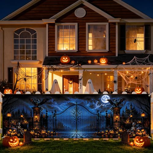 Haunted Gate Halloween Fence Banner 118 x 35 Inch, Large Waterproof Outdoor Banner with Gothic Gate, Bats, Pumpkins, Moon, Skeletons & Haunted Castle for Yard Fence Decorations - color: 277-1